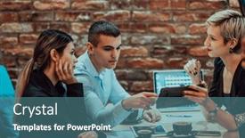  Presentation with multicultural - PPT layouts featuring happy-businesspeople-smiling-cheerfully-during background and a teal colored foreground