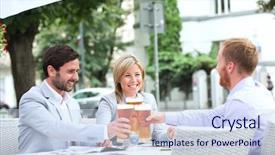  Presentation with restaurant toasting - Audience pleasing presentation design consisting of happy businesspeople toasting beer glasses backdrop and a sky blue colored foreground