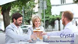  Presentation with restaurant toasting - Audience pleasing presentation theme consisting of happy businesspeople toasting beer glasses at outdoor restaurant backdrop and a light blue colored foreground