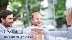  Presentation with restaurant toasting - Beautiful presentation theme featuring happy businesspeople toasting beer glasses at outdoor restaurant backdrop and a light blue colored foreground