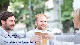  Presentation with restaurant toasting - Beautiful theme featuring happy businesspeople toasting beer glasses at outdoor restaurant backdrop and a sky blue colored foreground