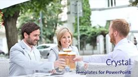  Presentation with restaurant toasting - Theme having happy businesspeople toasting beer glasses at outdoor restaurant background and a sky blue colored foreground