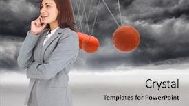  Presentation with desert - Amazing PPT layouts having happy businesswoman against newtons cradle backdrop and a light gray colored foreground