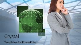  Presentation with holographic - Cool new PPT layouts with happy businesswoman against room with holographic cloud backdrop and a teal colored foreground