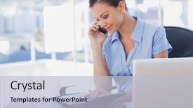  Presentation with diary - Audience pleasing PPT theme consisting of happy businesswoman calling with her mobile phone and looking at diary at her desk backdrop and a light blue colored foreground