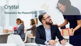  Presentation with gifting - Presentation featuring happy businesswoman giving christmas present background and a sky blue colored foreground