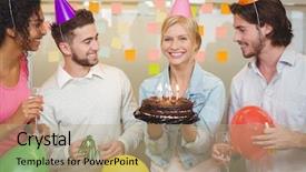  Presentation with happy birthday cake - PPT theme featuring happy businesswoman holding birthday background and a coral colored foreground