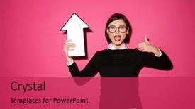 Presentation with pink - Colorful slide deck enhanced with happy businesswoman holding paper arrow backdrop and a red colored foreground