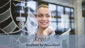  Presentation with exercise mat - Presentation design with happy businesswoman holding shoe and exercise mat at creative office background and a light blue colored foreground