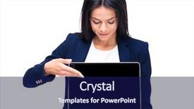  Presentation with laptop blank screen - Presentation enhanced with happy businesswoman pointing on the blank laptop screen over white background background and a navy blue colored foreground