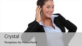  Presentation with news - Amazing presentation theme having happy businesswoman receiving good news backdrop and a light gray colored foreground