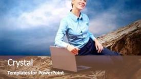  Presentation with blue mountain - Theme consisting of happy businesswoman seating with laptop on the mountain under blue sky background and a coral colored foreground