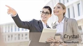  Presentation with tablet - Amazing PPT layouts having happy businesswoman showing something to colleague while using tablet pc backdrop and a mint green colored foreground