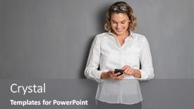  Presentation with german - Audience pleasing presentation theme consisting of happy-businesswoman-standing-against-grey backdrop and a gray colored foreground