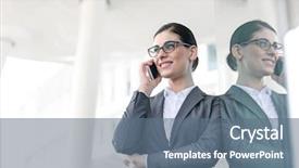  Presentation with cell wall - Slide set featuring happy businesswoman using cell phone while leaning on glass wall background and a ocean colored foreground