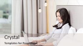  Presentation with hotel technology - Audience pleasing PPT layouts consisting of happy businesswoman with laptop computer backdrop and a soft green colored foreground