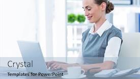  Presentation with computer - Presentation design enhanced with happy-businesswoman-working-on-laptop background and a light blue colored foreground