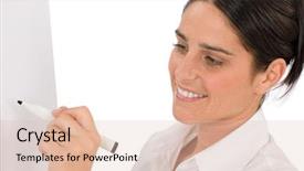  Presentation with flip chart - Colorful PPT theme enhanced with happy businesswoman writing at empty flip chart on white backdrop and a lemonade colored foreground