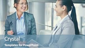  Presentation with happy image - Audience pleasing PPT layouts consisting of happy businesswomen sitting and talking backdrop and a teal colored foreground