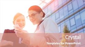  Presentation with telecommunication - PPT layouts featuring happy businesswomen using smart background and a coral colored foreground