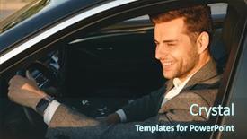  Presentation with self driving car - Amazing PPT layouts having happy bussinesman in suit driving backdrop and a  colored foreground