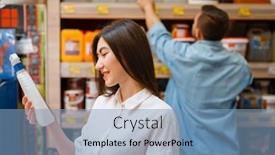  Presentation with hardware - Audience pleasing presentation design consisting of happy buyers choosing materials in hardware store backdrop and a teal colored foreground