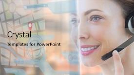  Presentation with hologram - Theme consisting of happy call center employee looking at futuristic interface hologram touching her headset background and a soft green colored foreground