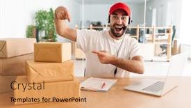  Presentation with distribution - Beautiful slide deck featuring happy-call-center-worker backdrop and a coral colored foreground