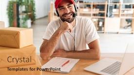  Presentation with call center - PPT theme with happy-call-center-worker background and a coral colored foreground