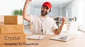  Presentation with distribution - Colorful slide set enhanced with happy-call-center-worker backdrop and a coral colored foreground