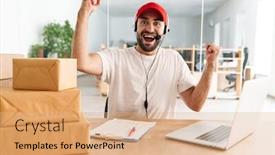  Presentation with call center - Slide deck having happy-call-center-worker background and a coral colored foreground