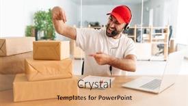  Presentation with distribution - Audience pleasing PPT theme consisting of happy-call-center-worker backdrop and a coral colored foreground