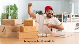  Presentation with distribution - Amazing slides having happy-call-center-worker backdrop and a coral colored foreground