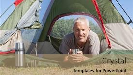  Presentation with happy camper - Audience pleasing presentation consisting of happy camper smiling at camera lying in his tent on a sunny day backdrop and a coral colored foreground