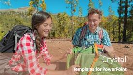  Presentation with travel friends - Audience pleasing slide set consisting of happy-campers-setting-up-tent backdrop and a coral colored foreground
