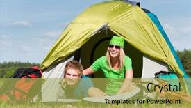  Presentation with camping - Slide deck having happy camping couple lying inside tent backpack in sunny countryside background and a yellow colored foreground