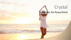  Presentation with sunset beach - Cool new PPT layouts with happy-carefree-woman-dancing backdrop and a cream colored foreground