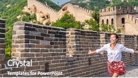  Presentation with china travel - Amazing PPT layouts having happy carefree woman traveler running backdrop and a gray colored foreground