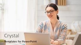  Presentation with working woman - PPT theme enhanced with happy-casual-beautiful-woman-working background and a coral colored foreground