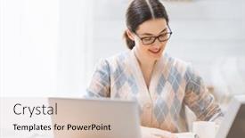  Presentation with working - Slide deck consisting of happy-casual-beautiful-woman-working background and a soft green colored foreground