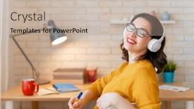  Presentation with home office - Slide deck with happy-casual-beautiful-woman-working background and a soft green colored foreground