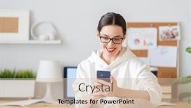  Presentation with home office - Cool new presentation theme with happy-casual-beautiful-woman-working backdrop and a soft green colored foreground