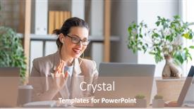  Presentation with working woman - Beautiful PPT theme featuring happy-casual-beautiful-woman-working backdrop and a coral colored foreground