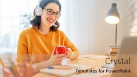  Presentation with home office - Beautiful slides featuring happy-casual-beautiful-woman-working backdrop and a coral colored foreground