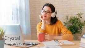  Presentation with home office - Presentation theme with happy-casual-beautiful-woman-working background and a coral colored foreground