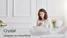  Presentation with working woman - Theme featuring happy casual beautiful woman working background and a light gray colored foreground