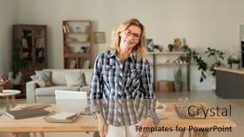  Presentation with home documents - Beautiful presentation theme featuring happy-casual-blond-female backdrop and a coral colored foreground
