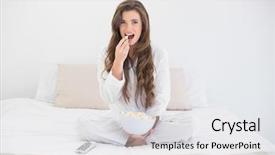  Presentation with bright white - Colorful slide deck enhanced with happy casual brown haired woman in white pajamas eating popcorn while watching tv in bright bedroom backdrop and a white colored foreground