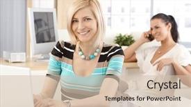  Presentation with business casual - Colorful presentation theme enhanced with happy casual caucasian blonde receptionist working with laptop computer in brightly lit business office smiling backdrop and a soft green colored foreground