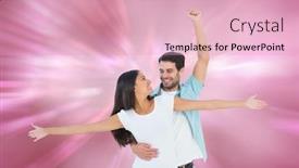  Presentation with heart love - Theme having happy casual couple cheering together against digitally generated love heart background background and a lemonade colored foreground